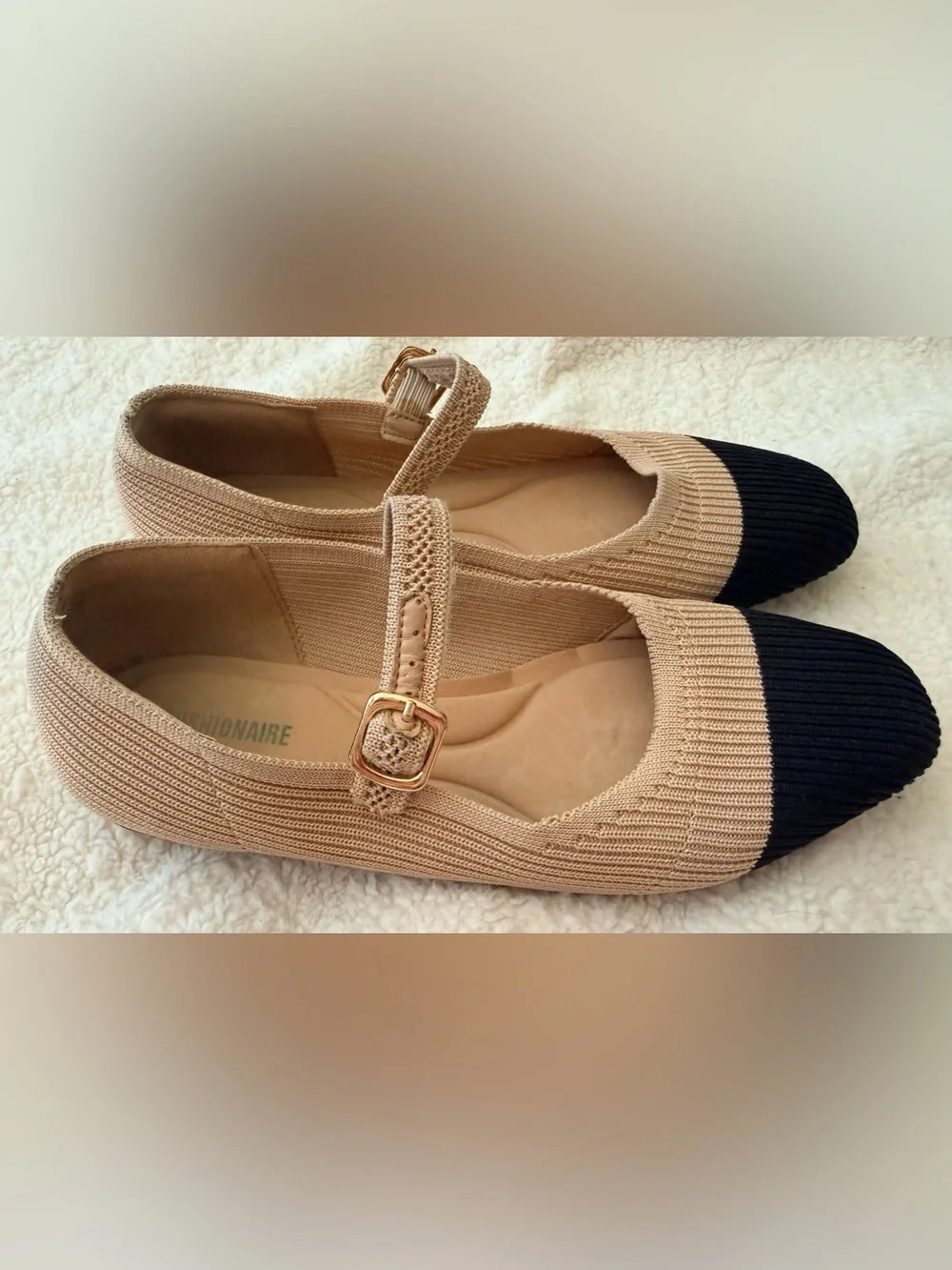 CUSHIONAIRE Women's Petal Mary Jane Knit Flat Beige/Black Size 7.5